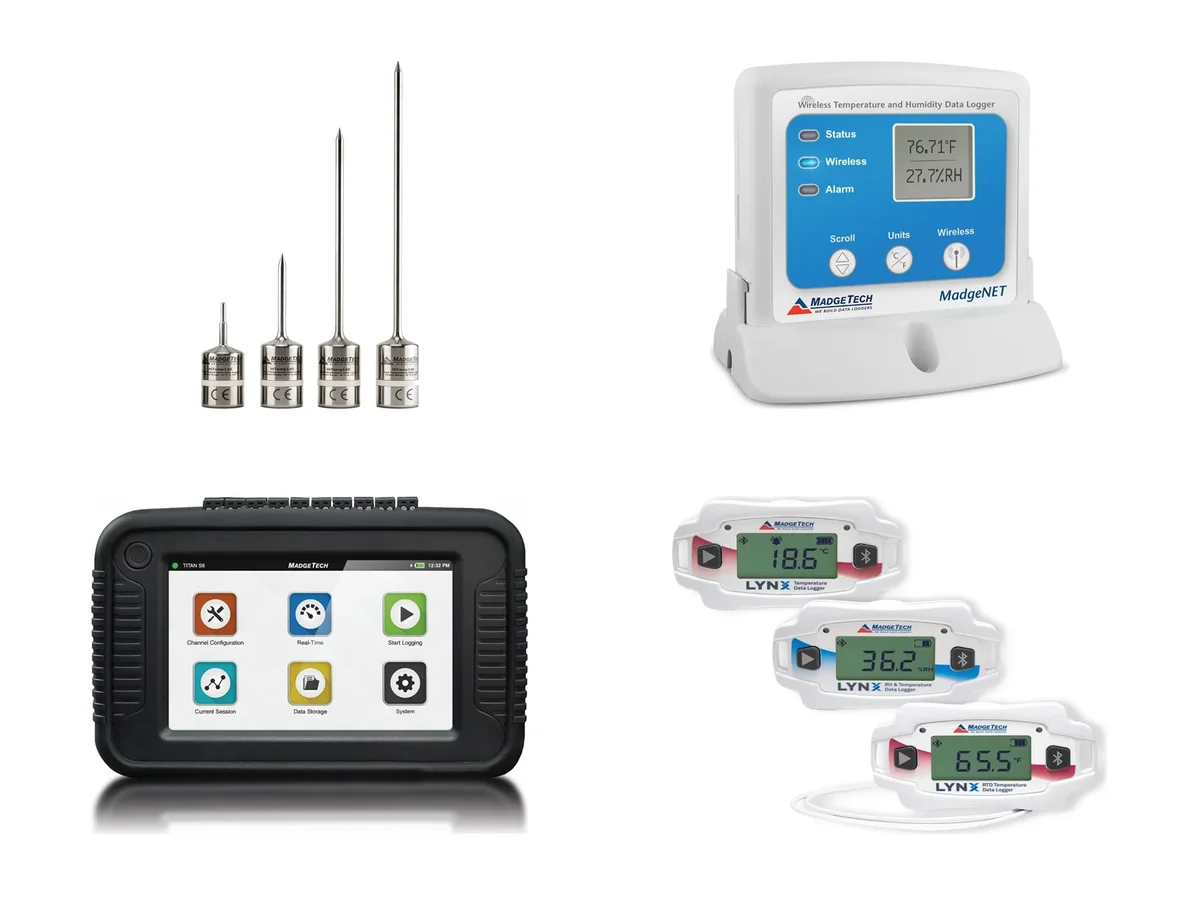 Range of MadgeTech data loggers including HiTemp140, RFRHTemp2000A, Titan S8 and LynxPro